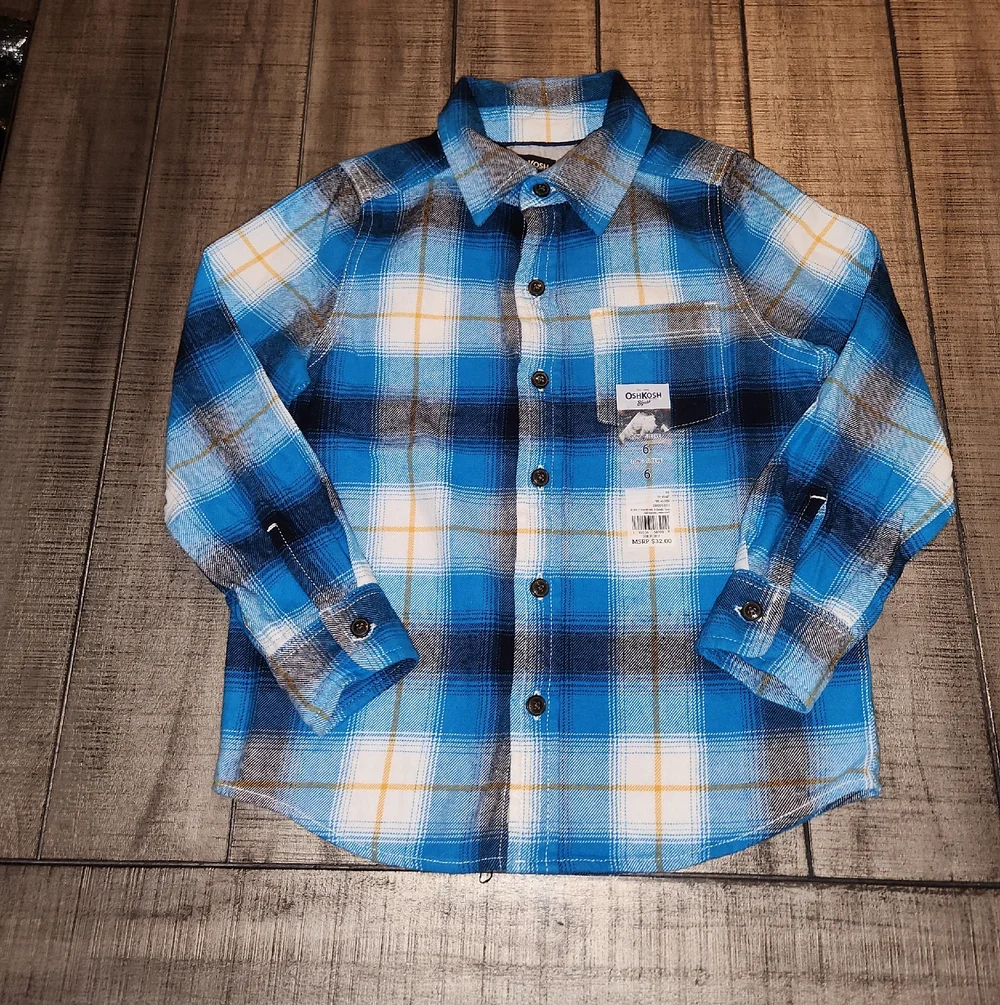 NWT OSHKOSH B'GOSH Blue Plaid Button-Down Shirt- Casual Long Sleeve